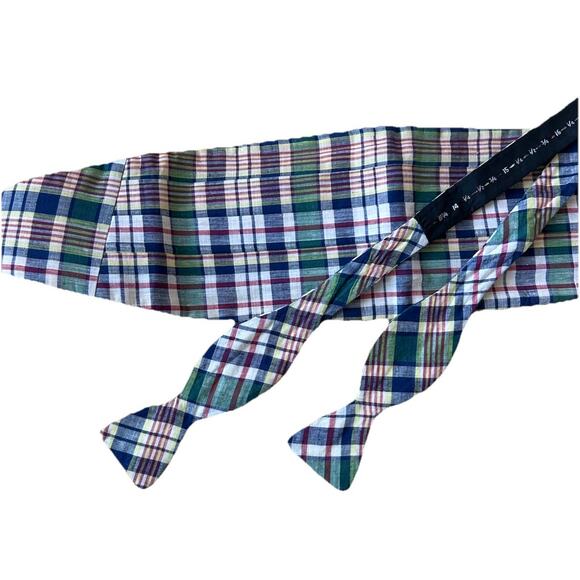 VTG Plaid Bowtie Cummerbund Green blue Yellow Preppy 80s Prom Meunch - Picture 3 of 7